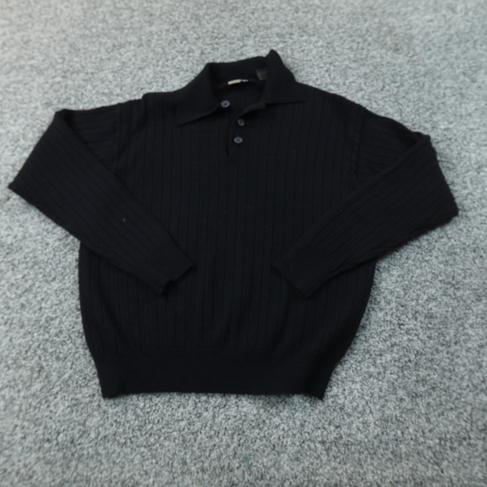 VTG Wool Sweater Mens L Black Ribbed Knit Long Sleeve Collared Polo Pullover Top